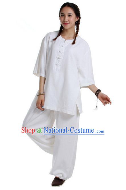 Traditional Chinese Kung Fu Costume Martial Arts Linen Suits Pulian Meditation Clothing, China Tang Suit Uniforms Tai Chi White Clothing for Women