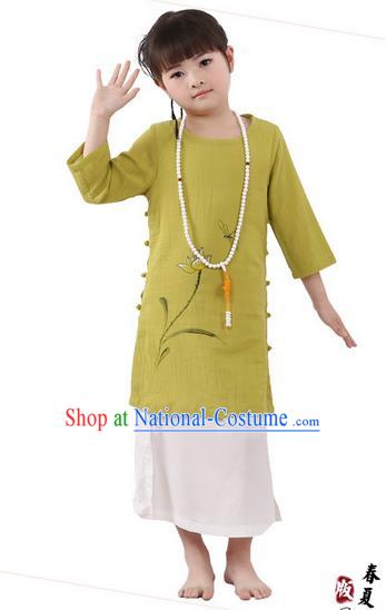 Traditional Chinese Cheongsam Costume, Children Meditation Linen Dress Pulian Clothing, China Tang Suit Tai Chi Zen Painting Lotus Green Dress for Kids