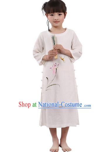 Traditional Chinese Cheongsam Costume, Children Meditation Linen Dress Pulian Clothing, China Tang Suit Tai Chi Zen Painting Lotus Beige Dress for Kids