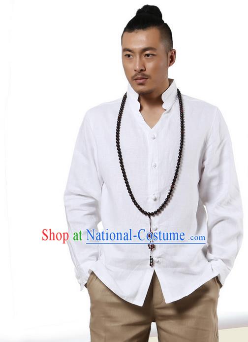 Traditional Chinese Kung Fu Costume Martial Arts Linen Stand Collar Shirts Pulian Clothing, China Tang Suit Tai Chi Overshirt White Upper Outer Garment for Men