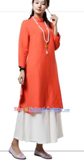 Top Chinese Traditional Costume Tang Suit Orange Qipao Dress, Pulian Clothing China Cheongsam Upper Outer Garment Stand Collar Dress for Women