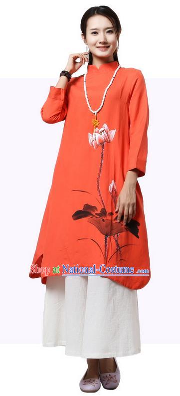 Top Chinese Traditional Costume Tang Suit Orange Painting Lotus Qipao Dress, Pulian Clothing China Cheongsam Upper Outer Garment Stand Collar Dress for Women