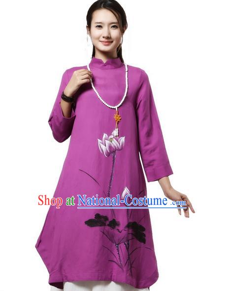 Top Chinese Traditional Costume Tang Suit Purple Painting Lotus Qipao Dress, Pulian Clothing China Cheongsam Upper Outer Garment Stand Collar Dress for Women