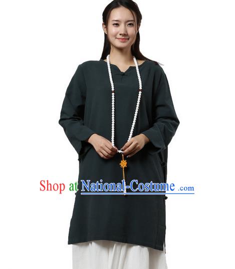 Top Chinese Traditional Costume Tang Suit Atrovirens Linen Qipao Dress, Pulian Zen Clothing China Cheongsam Upper Outer Garment Dress for Women