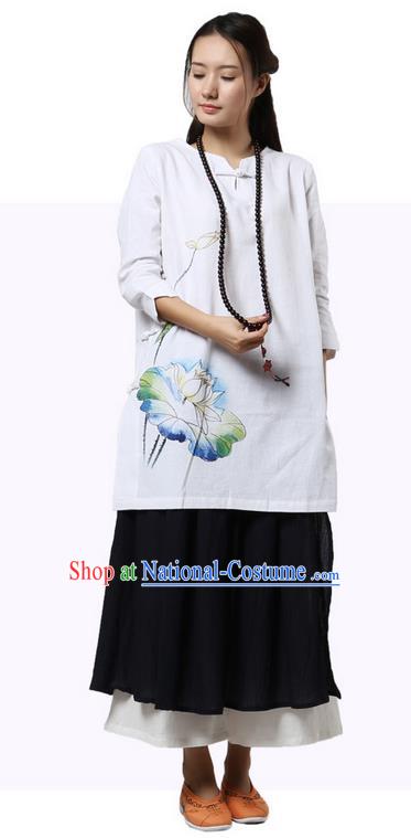 Top Chinese Traditional Costume Tang Suit White Linen Painting Lotus Qipao Dress, Pulian Zen Clothing China Cheongsam Upper Outer Garment Dress for Women