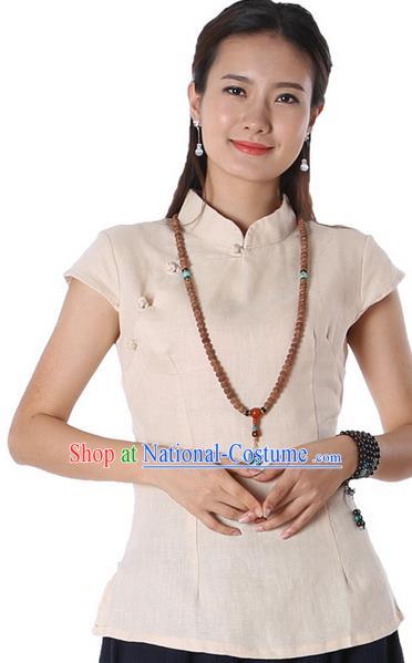 Top Chinese Traditional Costume Tang Suit Beige Blouse, Pulian Zen Clothing China Cheongsam Upper Outer Garment Stand Collar Shirts for Women