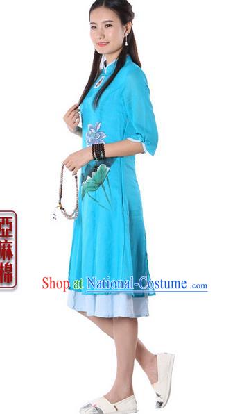 Top Chinese Traditional Costume Tang Suit Linen Blue Painting Lotus Qipao Dress, Pulian Clothing China Cheongsam Upper Outer Garment Dress for Women