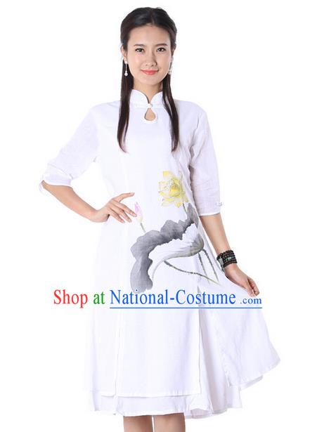 Top Chinese Traditional Costume Tang Suit Linen White Painting Lotus Qipao Dress, Pulian Clothing China Cheongsam Upper Outer Garment Dress for Women