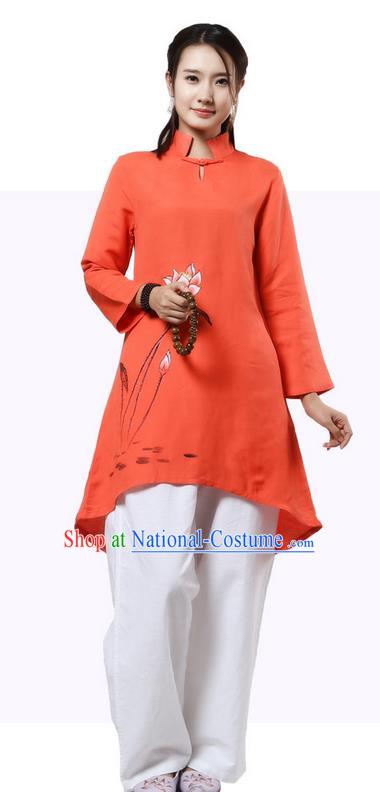 Top Chinese Traditional Costume Tang Suit Linen Painting Lotus Qipao Dress, Pulian Clothing China Republic of China Cheongsam Upper Outer Garment Orange Dress for Women