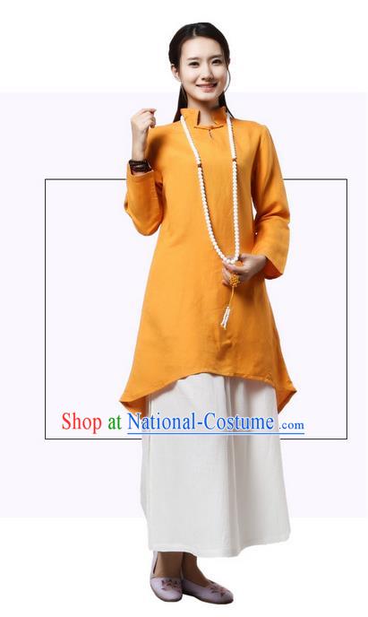 Top Chinese Traditional Costume Tang Suit Linen Qipao Dress, Pulian Clothing China Republic of China Cheongsam Upper Outer Garment Yellow Dress for Women