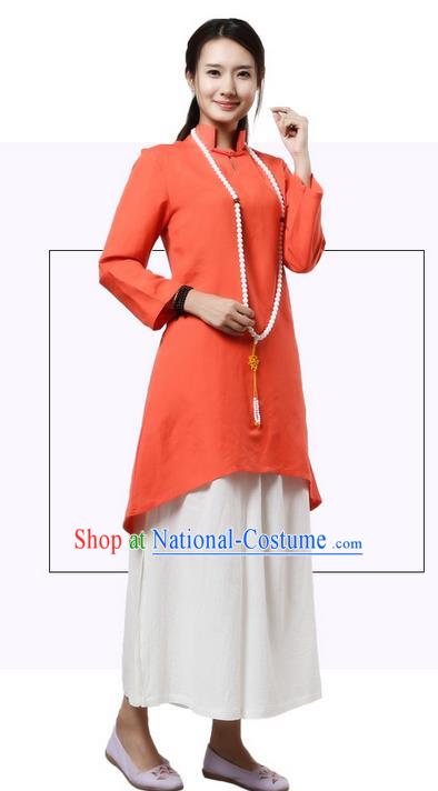 Top Chinese Traditional Costume Tang Suit Linen Qipao Dress, Pulian Clothing China Republic of China Cheongsam Upper Outer Garment Orange Dress for Women