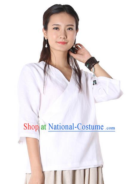 Top Chinese Traditional Costume Tang Suit White Blouse, Pulian Zen Clothing China Cheongsam Upper Outer Garment Slant Opening Shirts for Women