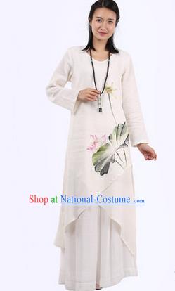 Top Chinese Traditional Costume Tang Suit White Linen Painting Lotus Qipao Dress, Pulian Meditation Clothing China Cheongsam Upper Outer Garment Dress for Women