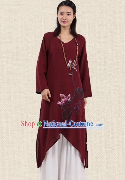 Top Chinese Traditional Costume Tang Suit Wine Red Linen Painting Lotus Qipao Dress, Pulian Meditation Clothing China Cheongsam Upper Outer Garment Dress for Women