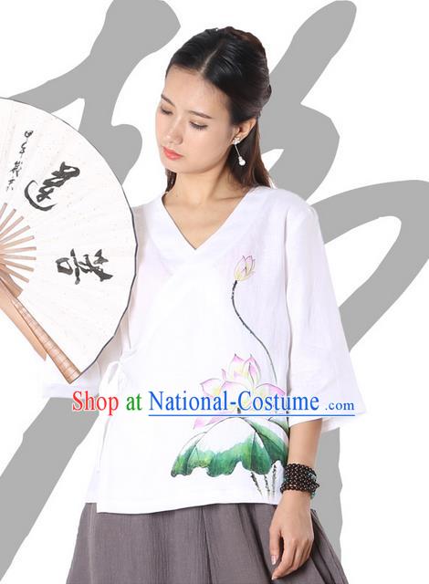 Top Chinese Traditional Costume Tang Suit White Painting Pink Lotus Blouse, Pulian Zen Clothing China Cheongsam Upper Outer Garment Slant Opening Shirts for Women