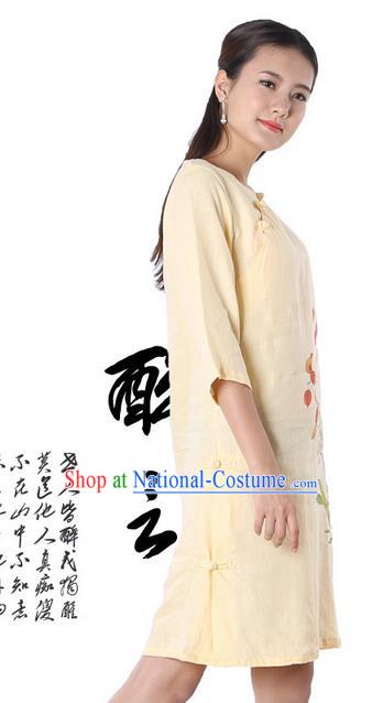 Top Chinese Traditional Costume Tang Suit Yellow Linen Qipao Painting Daffodil Yoga Dress, Pulian Clothing Republic of China Cheongsam Upper Outer Garment Dress for Women