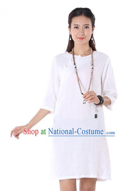 Top Chinese Traditional Costume Tang Suit White Linen Qipao Yoga Dress, Pulian Clothing Republic of China Cheongsam Upper Outer Garment Dress for Women