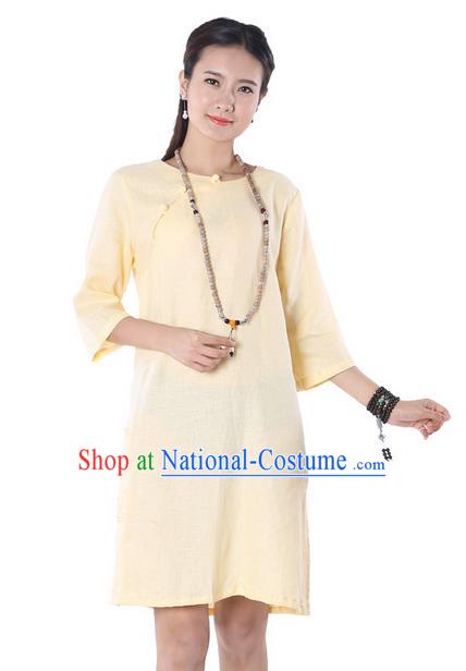 Top Chinese Traditional Costume Tang Suit Yellow Linen Qipao Yoga Dress, Pulian Clothing Republic of China Cheongsam Upper Outer Garment Dress for Women