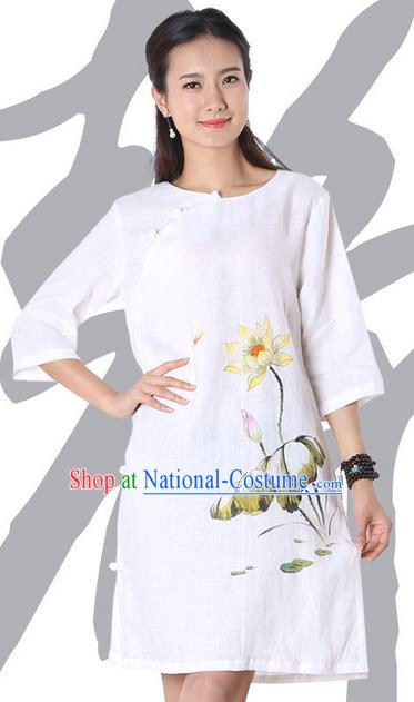 Top Chinese Traditional Costume Tang Suit White Linen Qipao Painting Lotus Yoga Dress, Pulian Clothing Republic of China Cheongsam Upper Outer Garment Dress for Women