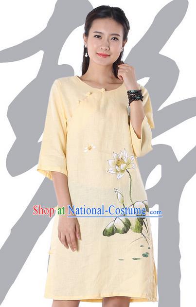 Top Chinese Traditional Costume Tang Suit Yellow Linen Qipao Painting Lotus Yoga Dress, Pulian Clothing Republic of China Cheongsam Upper Outer Garment Dress for Women