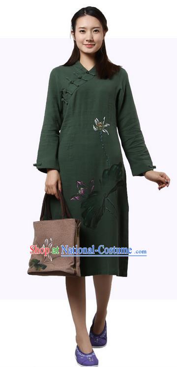 Top Chinese Traditional Costume Tang Suit Slant Opening Plated Buttons Qipao Dress, Pulian Clothing Republic of China Cheongsam Painting Lotus Green Dress for Women