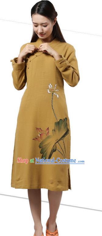 Top Chinese Traditional Costume Tang Suit Slant Opening Plated Buttons Qipao Dress, Pulian Clothing Republic of China Cheongsam Painting Lotus Khaki Dress for Women