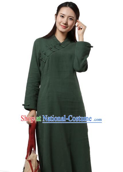 Top Chinese Traditional Costume Tang Suit Slant Opening Plated Buttons Qipao Dress, Pulian Clothing Republic of China Cheongsam Green Dress for Women