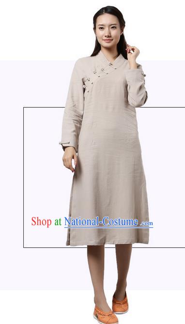 Top Chinese Traditional Costume Tang Suit Slant Opening Plated Buttons Qipao Dress, Pulian Clothing Republic of China Cheongsam Beige Dress for Women