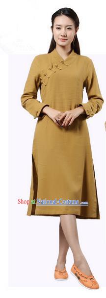 Top Chinese Traditional Costume Tang Suit Slant Opening Plated Buttons Qipao Dress, Pulian Clothing Republic of China Cheongsam Khaki Dress for Women