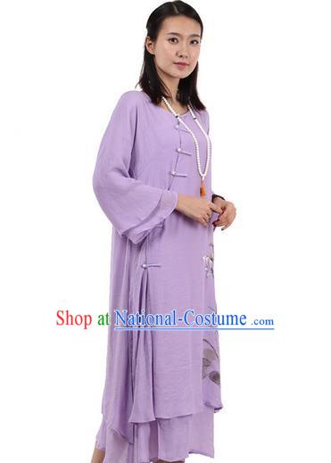 Top Chinese Traditional Costume Tang Suit Purple Plated Buttons Qipao Dress, Pulian Clothing Republic of China Cheongsam Hand Painting Lotus Dress for Women