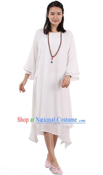 Top Chinese Traditional Costume Tang Suit White Plated Buttons Qipao Dress, Pulian Clothing Republic of China Cheongsam Dress for Women