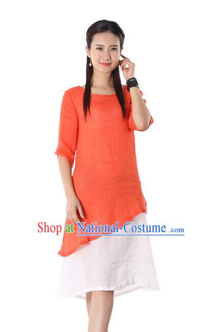 Top Chinese Traditional Costume Tang Suit Orange Blouse, Pulian Zen Clothing China Cheongsam Dress Upper Outer Garment Shirts for Women