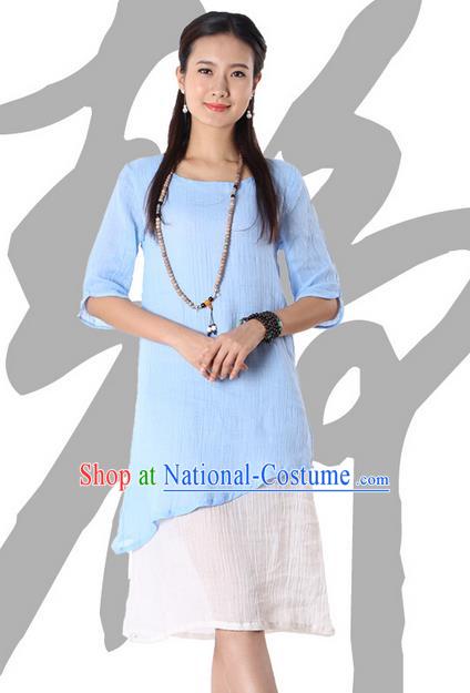 Top Chinese Traditional Costume Tang Suit Blue Blouse, Pulian Zen Clothing China Cheongsam Dress Upper Outer Garment Shirts for Women