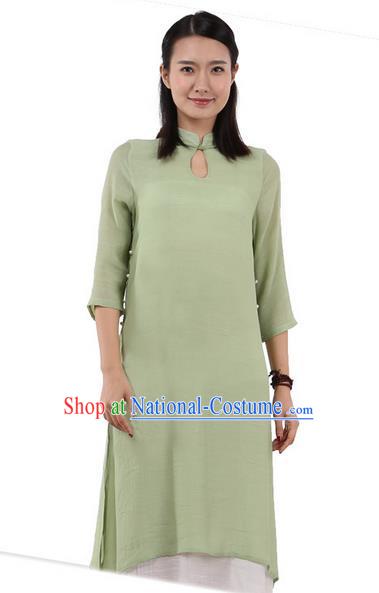 Top Chinese Traditional Costume Tang Suit Linen Double-deck Qipao Dress, Pulian Zen Clothing Republic of China Cheongsam Upper Outer Garment Green Dress for Women