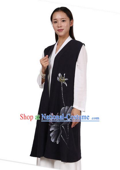 Top Chinese Traditional Costume Tang Suit Linen Vest, Pulian Zen Clothing Republic of China Cheongsam Upper Outer Garment Green Navy Cappa for Women