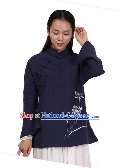 Top Chinese Traditional Costume Tang Suit Linen Upper Outer Garment Navy Blouse, Pulian Zen Clothing Republic of China Cheongsam Painting Flower Shirts for Women