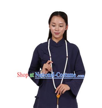 Top Chinese Traditional Costume Tang Suit Linen Upper Outer Garment Navy Blouse, Pulian Zen Clothing Republic of China Cheongsam Shirts for Women