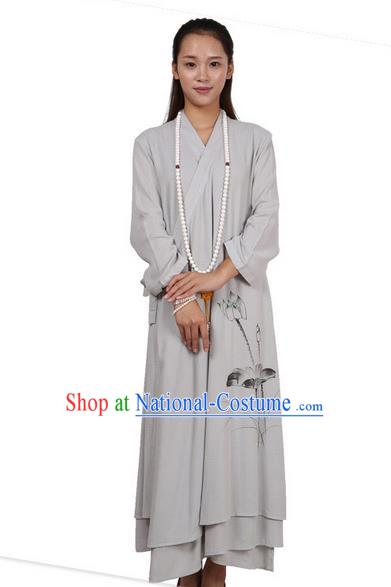 Top Chinese Traditional Costume Tang Suit Linen Upper Outer Garment Qipao Dress, Pulian Zen Clothing Republic of China Cheongsam Painting Lotus Grey Dress for Women