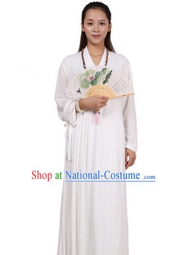 Top Chinese Traditional Costume Tang Suit Linen Upper Outer Garment Qipao Dress, Pulian Zen Clothing Republic of China Cheongsam White Dress for Women