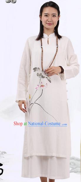 Top Chinese Traditional Costume Tang Suit Plated Buttons Ramie Outer Garment Dress, Pulian Zen Clothing Republic of China Cheongsam Beige Painting Lotus Dress for Women