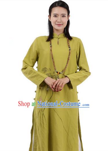 Top Chinese Traditional Costume Tang Suit Plated Buttons Ramie Outer Garment Dress, Pulian Zen Clothing Republic of China Cheongsam Green Painting Lotus Dress for Women