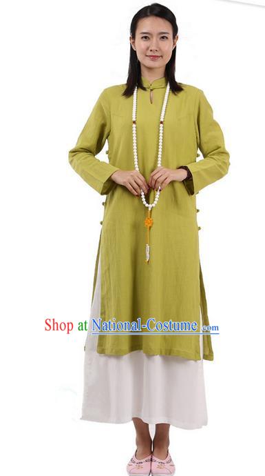 Top Chinese Traditional Costume Tang Suit Plated Buttons Ramie Outer Garment Dress, Pulian Zen Clothing Republic of China Cheongsam Green Dress for Women