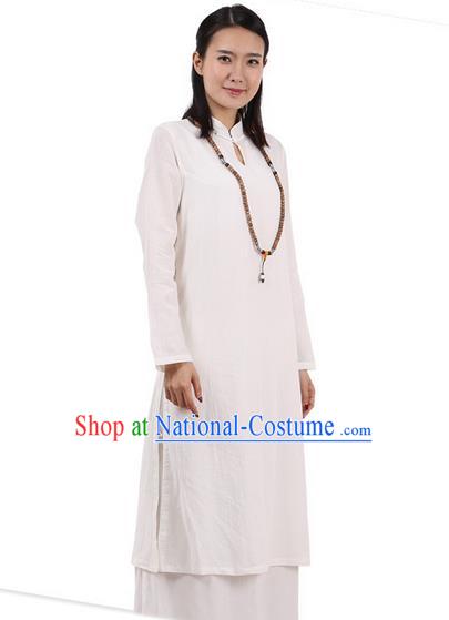 Top Chinese Traditional Costume Tang Suit Plated Buttons Ramie Outer Garment Dress, Pulian Zen Clothing Republic of China Cheongsam Beige Dress for Women