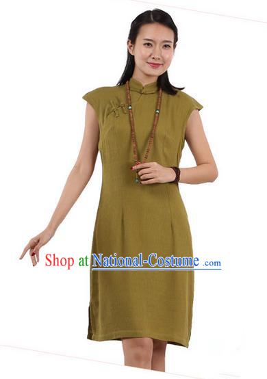 Top Chinese Traditional Costume Tang Suit Stand Collar Outer Garment Qipao Dress, Pulian Zen Clothing Republic of China Short Cheongsam Green Dress for Women