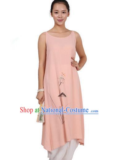 Top Chinese Traditional Costume Tang Suit Linen Painting Lotus Sundress, Pulian Zen Clothing Republic of China Pinafore Dress Pink Dress for Women