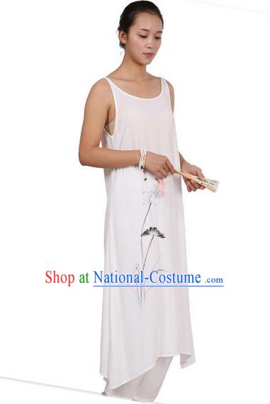 Top Chinese Traditional Costume Tang Suit Linen Painting Lotus Sundress, Pulian Zen Clothing Republic of China Pinafore Dress White Dress for Women