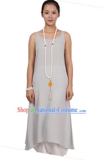 Top Chinese Traditional Costume Tang Suit Linen Sundress, Pulian Zen Clothing Republic of China Pinafore Dress Grey Dress for Women