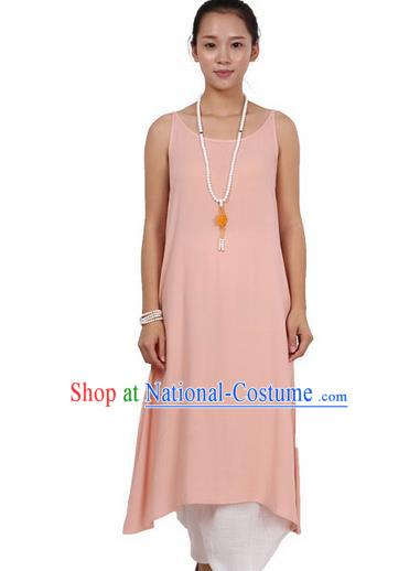 Top Chinese Traditional Costume Tang Suit Linen Sundress, Pulian Zen Clothing Republic of China Pinafore Dress Pink Dress for Women