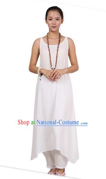 Top Chinese Traditional Costume Tang Suit Linen Sundress, Pulian Zen Clothing Republic of China Pinafore Dress White Dress for Women