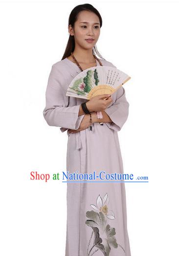 Top Chinese Traditional Costume Tang Suit Linen Qipao Dress, Pulian Zen Clothing Republic of China Cheongsam Painting Light Purple Long Dress for Women